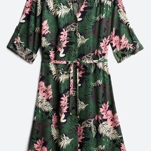 Floral Tie-Waist Shirt Dress - Black Green, Pink & Cream Leaves